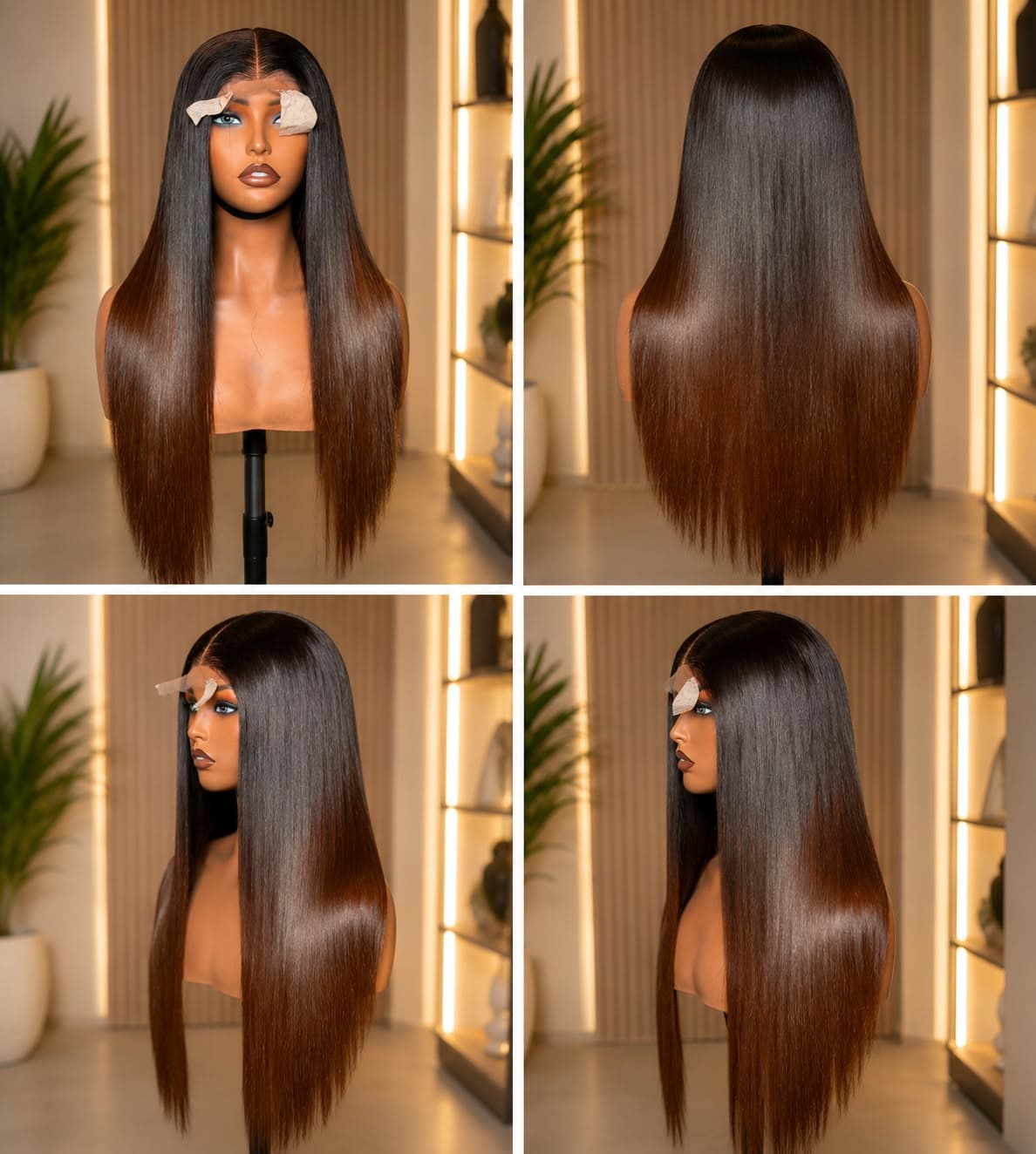 Luxury bone straight Raw human hair wig 350g, 2×6 closure Color- Ombre brown